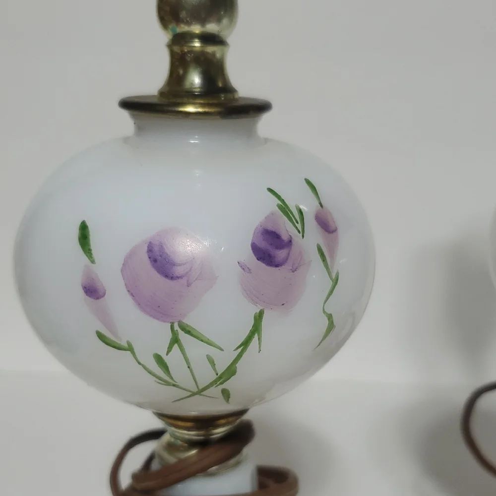 Vintage Hand Painted Boudoir White Milk Glass Table Lamps~Pair - Picture 2 of 7